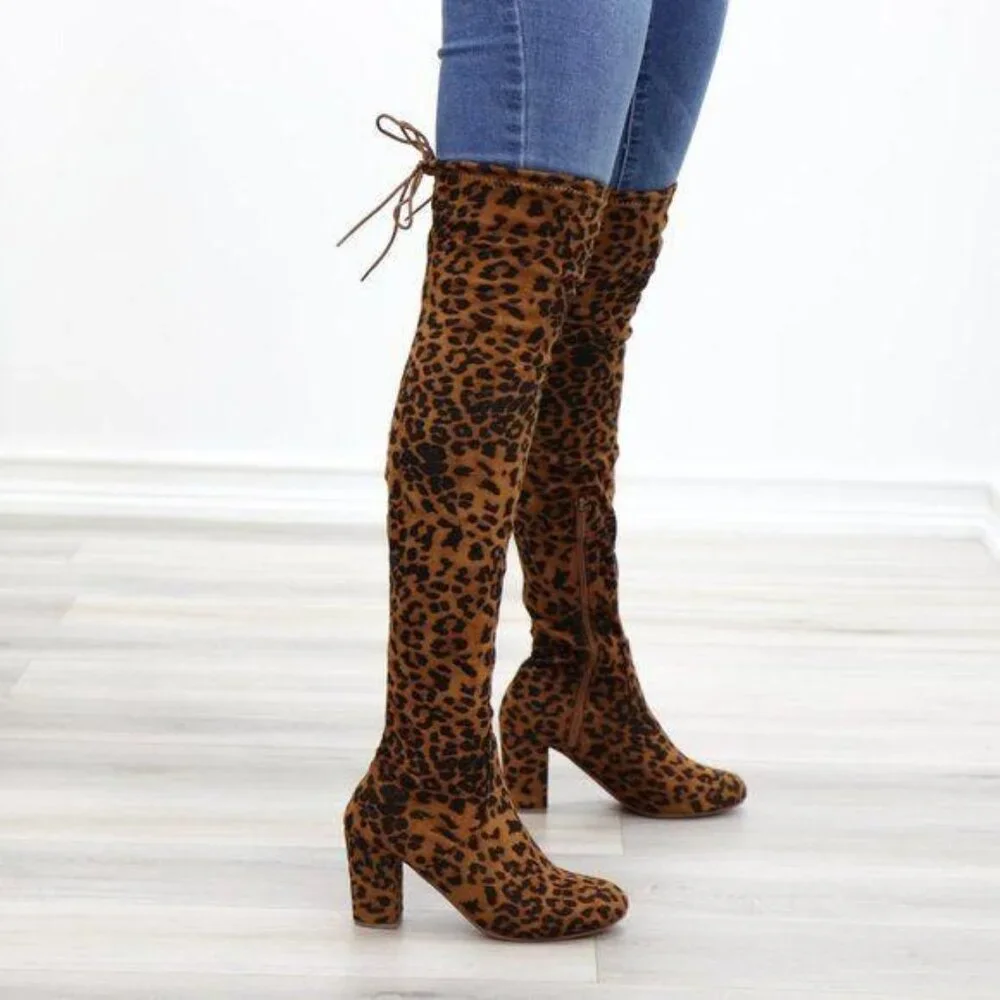 Suede Leopard Thigh High Heeled Boots